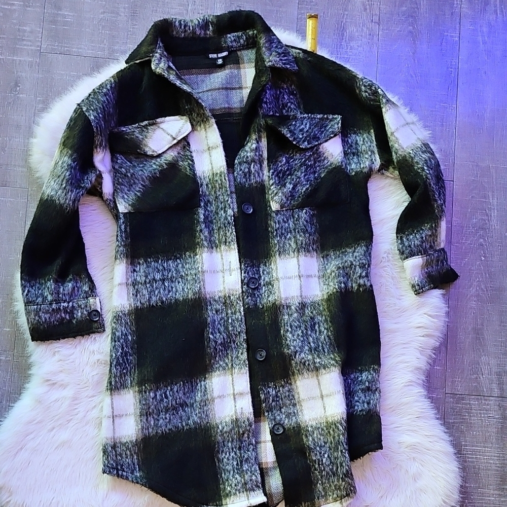 Steve Madden Wool Greens and White Plaid Button-Up Peacoat